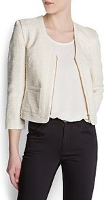 Metallic Bouclé Jacket - pattern: plain; collar: round collar/collarless; style: boxy; predominant colour: ivory; occasions: casual, evening, work, occasion; length: standard; fit: straight cut (boxy); fibres: cotton - mix; sleeve length: 3/4 length; sleeve style: standard; texture group: cotton feel fabrics; collar break: medium; pattern type: fabric