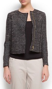 Asymmetric Fastening Bouclé Jacket - pattern: plain; collar: round collar/collarless; style: boxy; predominant colour: charcoal; occasions: casual, evening, work, occasion; length: standard; fit: straight cut (boxy); fibres: polyester/polyamide - mix; sleeve length: long sleeve; sleeve style: standard; collar break: high; pattern type: fabric; texture group: other - light to midweight