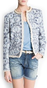 Ethnic Fabric Jacket - collar: round collar/collarless; style: boxy; predominant colour: white; secondary colour: navy; occasions: casual, evening, work; length: standard; fit: straight cut (boxy); fibres: cotton - mix; sleeve length: long sleeve; sleeve style: standard; collar break: high; pattern type: fabric; pattern size: small & busy; pattern: patterned/print; texture group: woven bulky/heavy