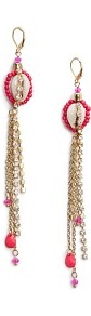 Touch Shell Strass Earrings - predominant colour: coral; secondary colour: gold; occasions: evening, occasion, holiday; style: drop; length: extra long; size: standard; material: chain/metal; fastening: pierced; finish: metallic; embellishment: beading