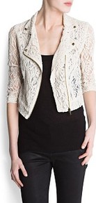 Lace Biker Jacket - pattern: plain; style: biker; collar: asymmetric biker; length: cropped; fit: slim fit; predominant colour: ivory; occasions: casual, evening, work; fibres: cotton - mix; sleeve length: 3/4 length; sleeve style: standard; texture group: lace; collar break: medium; pattern type: fabric; embellishment: lace