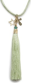 Tasseled Necklace - predominant colour: pistachio; secondary colour: gold; occasions: evening, work, occasion, holiday; style: tassel; length: long; size: standard; material: fabric; finish: plain; embellishment: beading