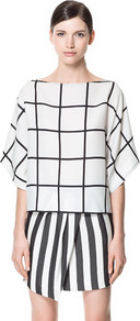 Checkered Blouse - neckline: slash/boat neckline; sleeve style: dolman/batwing; pattern: checked/gingham; style: blouse; predominant colour: ivory; occasions: casual, evening, work; length: standard; fibres: polyester/polyamide - 100%; fit: straight cut; sleeve length: 3/4 length; texture group: sheer fabrics/chiffon/organza etc.; pattern type: fabric; pattern size: standard