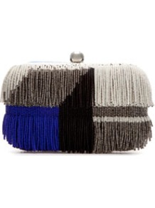 Beaded Evening Bag With Fringes - predominant colour: charcoal; occasions: evening, occasion; type of pattern: standard; style: clutch; length: hand carry; size: small; material: leather; embellishment: fringing; trends: modern geometrics; finish: plain; pattern: patterned/print