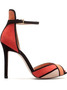 Ankle Strap Sandal - predominant colour: coral; occasions: evening, occasion; material: suede; heel height: high; ankle detail: ankle strap; heel: stiletto; toe: open toe/peeptoe; style: standard; trends: modern geometrics; finish: plain; pattern: colourblock