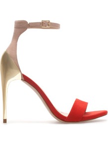 Combination High Heel Sandal - predominant colour: true red; occasions: evening, occasion; material: faux leather; heel height: high; ankle detail: ankle strap; heel: stiletto; toe: open toe/peeptoe; style: strappy; trends: metallics; finish: plain; pattern: colourblock