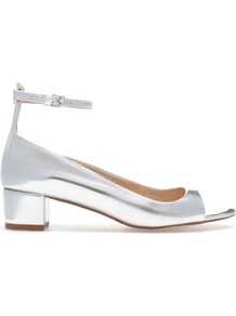 Metallic Sandals With Ankle Strap - predominant colour: silver; occasions: casual, evening, work, occasion; material: faux leather; heel height: mid; embellishment: buckles; ankle detail: ankle strap; heel: block; toe: open toe/peeptoe; style: courts; trends: metallics; finish: metallic; pattern: plain