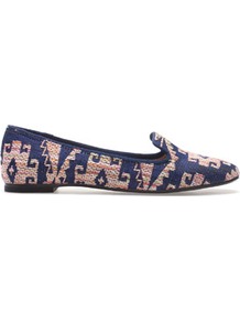 Fabric Slipper - predominant colour: navy; occasions: casual, work; material: fabric; heel height: flat; embellishment: embroidered; toe: round toe; style: loafers; trends: statement prints; finish: plain; pattern: patterned/print
