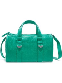 Double Zip Bowling Bag - predominant colour: emerald green; occasions: casual, work; type of pattern: light; style: bowling; length: handle; size: standard; material: faux leather; pattern: plain; finish: plain; embellishment: chain/metal