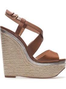 Wedge Espadrille - predominant colour: tan; occasions: casual, evening, occasion, holiday; material: faux leather; heel height: high; ankle detail: ankle strap; heel: wedge; toe: open toe/peeptoe; style: strappy; trends: metallics; finish: plain; pattern: plain