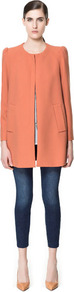 Coat With Gathering On The Shoulder - pattern: plain; collar: round collar/collarless; style: single breasted; length: mid thigh; predominant colour: coral; occasions: casual, work, occasion; fit: straight cut (boxy); fibres: polyester/polyamide - mix; shoulder detail: structured/bulky pleats/bulky detail at shoulder; sleeve length: long sleeve; sleeve style: standard; texture group: crepes; collar break: high; pattern type: fabric