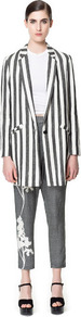 Linen Frock Coat With Printed Stripes - pattern: vertical stripes; style: single breasted; collar: standard lapel/rever collar; length: mid thigh; predominant colour: white; occasions: casual, work; fit: straight cut (boxy); fibres: acrylic - mix; sleeve length: long sleeve; sleeve style: standard; texture group: linen; trends: striking stripes; collar break: low/open; pattern type: fabric; pattern size: standard