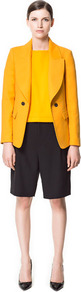 Double Breasted Blazer With Large Lapel - pattern: plain; collar: standard lapel/rever collar; predominant colour: yellow; occasions: casual, evening, work; length: standard; fit: tailored/fitted; fibres: cotton - 100%; style: double breasted tuxedo; waist detail: fitted waist; sleeve length: long sleeve; sleeve style: standard; texture group: cotton feel fabrics; collar break: medium; pattern type: fabric; pattern size: standard