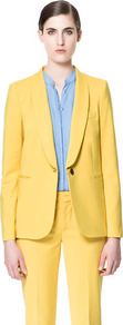 Wing Collared Blazer - pattern: plain; style: single breasted blazer; collar: shawl/waterfall; predominant colour: yellow; occasions: casual, evening, work, occasion; length: standard; fit: straight cut (boxy); fibres: cotton - mix; sleeve length: long sleeve; sleeve style: standard; texture group: cotton feel fabrics; collar break: low/open; pattern type: fabric