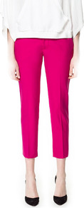 Cool Wool Trousers - pattern: plain; pocket detail: small back pockets, pockets at the sides; waist: mid/regular rise; predominant colour: hot pink; occasions: casual, evening, work, occasion, holiday; length: calf length; fibres: polyester/polyamide - mix; waist detail: narrow waistband; fit: slim leg; pattern type: fabric; texture group: woven light midweight; style: standard