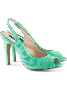 Suede Slingbacks - predominant colour: emerald green; occasions: evening, work, occasion; material: suede; heel height: high; ankle detail: ankle strap; heel: stiletto; toe: open toe/peeptoe; style: slingbacks; finish: plain; pattern: animal print