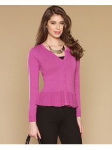 Tia Peplum Cardigan - neckline: v-neck; pattern: plain; predominant colour: pink; occasions: casual; length: standard; style: standard; fibres: cotton - 100%; fit: slim fit; waist detail: peplum detail at waist; sleeve length: long sleeve; sleeve style: standard; texture group: knits/crochet