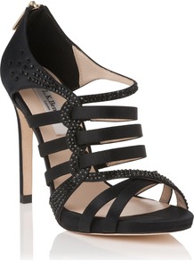 Capraia Formal Sandal, Black - secondary colour: silver; predominant colour: black; occasions: evening, occasion; material: satin; heel height: high; embellishment: crystals; ankle detail: ankle strap; heel: standard; toe: open toe/peeptoe; style: strappy; trends: metallics; finish: metallic; pattern: plain