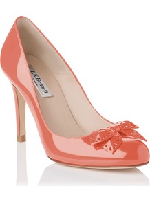 Shell Closed Court, Peach - predominant colour: coral; occasions: evening, work, occasion; material: leather; heel height: high; heel: stiletto; toe: round toe; style: courts; finish: patent; pattern: plain; embellishment: bow
