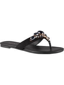 Hermignonne Flat Flip Flop Sandals, Midnight - predominant colour: black; occasions: casual, evening, holiday; material: suede; heel height: flat; embellishment: jewels; heel: standard; toe: toe thongs; style: flip flops / toe post; finish: plain; pattern: plain