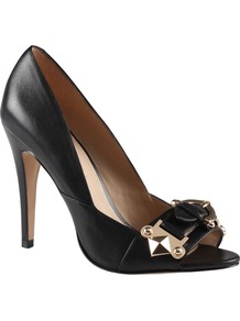 Langfeldt Peep Toe Court Shoes, Black - predominant colour: black; occasions: evening, work, occasion; material: leather; heel height: high; embellishment: buckles; heel: stiletto; toe: open toe/peeptoe; style: courts; finish: plain; pattern: plain