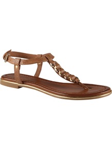 Miralles Flat Sandals, Cognac - predominant colour: tan; occasions: casual, holiday; material: faux leather; heel height: flat; ankle detail: ankle strap; heel: standard; toe: toe thongs; style: flip flops / toe post; finish: plain; pattern: plain; embellishment: chain/metal