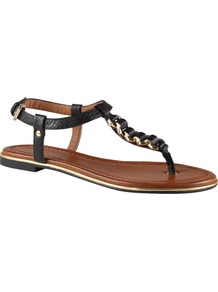 Miralles Flat Sandals, Black - predominant colour: black; occasions: casual, holiday; material: faux leather; heel height: flat; ankle detail: ankle strap; heel: standard; toe: toe thongs; style: flip flops / toe post; finish: plain; pattern: plain