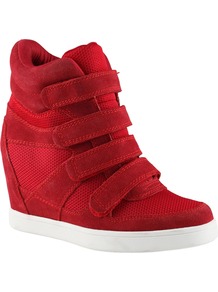 Chism Hi Top Wedge Trainer Shoes, Red - predominant colour: true red; occasions: casual; material: suede; heel height: high; heel: wedge; toe: round toe; boot length: ankle boot; style: high top; finish: plain; pattern: plain