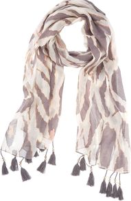 Ella Print Scarf, Multi Coloured - predominant colour: nude; occasions: casual, evening, work, holiday; type of pattern: standard; style: regular; size: standard; material: fabric; embellishment: tassels; pattern: animal print