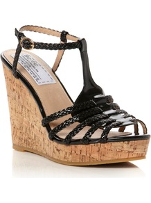 Gleen Plaited T Bar Sandals, Black - predominant colour: black; occasions: casual, holiday; material: faux leather; heel height: high; ankle detail: ankle strap; heel: wedge; toe: open toe/peeptoe; style: strappy; finish: patent; pattern: plain