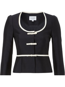 Women's Fortuna Jacket, Navy - pattern: plain; style: single breasted blazer; collar: round collar/collarless; shoulder detail: contrast pattern/fabric at shoulder; predominant colour: navy; occasions: casual, evening, work, occasion; length: standard; fit: tailored/fitted; fibres: wool - mix; waist detail: peplum detail at waist; sleeve length: 3/4 length; sleeve style: standard; texture group: structured shiny - satin/tafetta/silk etc.; collar break: medium; pattern type: fabric; pattern size: big & light
