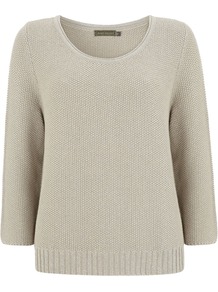 Women's Lurex Knit, Stone - neckline: round neck; style: standard; predominant colour: stone; occasions: casual, work; length: standard; fibres: cotton - mix; fit: standard fit; sleeve length: 3/4 length; sleeve style: standard; texture group: knits/crochet; pattern type: knitted - fine stitch; pattern size: standard