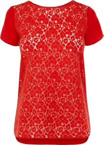 Women's Lace Front Viscose Tee, Red - neckline: round neck; sleeve style: capped; style: t-shirt; back detail: contrast pattern/fabric at back; predominant colour: true red; occasions: casual, evening, work; length: standard; fibres: polyester/polyamide - 100%; fit: straight cut; sleeve length: short sleeve; texture group: lace; pattern type: fabric; pattern size: small & busy; pattern: florals