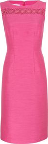 Women's Fucshia Shimmer Shantung Shift Dress, Pink - style: shift; neckline: round neck; fit: tailored/fitted; pattern: plain; sleeve style: sleeveless; predominant colour: hot pink; length: just above the knee; fibres: polyester/polyamide - 100%; occasions: occasion; sleeve length: sleeveless; texture group: structured shiny - satin/tafetta/silk etc.; pattern type: fabric