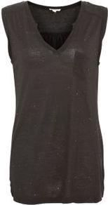 Black Notch Neck Tank Top - neckline: v-neck; pattern: plain; sleeve style: sleeveless; style: vest top; predominant colour: black; occasions: casual; length: standard; fibres: cotton - 100%; fit: body skimming; hip detail: slits at hip; sleeve length: sleeveless; pattern type: fabric; texture group: jersey - stretchy/drapey