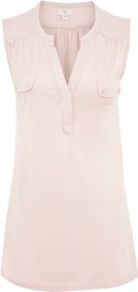 Mid Pink Button Pocket Military Sleeveless Shirt - pattern: plain; sleeve style: sleeveless; length: below the bottom; style: shirt; bust detail: pocket detail at bust; predominant colour: blush; occasions: casual; neckline: mandarin with v-neck; fibres: polyester/polyamide - 100%; fit: body skimming; shoulder detail: flat/draping pleats/ruching/gathering at shoulder; sleeve length: sleeveless; pattern type: fabric; pattern size: standard; texture group: other - light to midweight