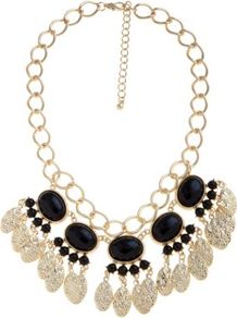 Black And Gold Gem Chain Necklace - secondary colour: gold; predominant colour: black; occasions: evening, occasion, holiday; style: bib; length: mid; size: large/oversized; material: chain/metal; trends: metallics; finish: metallic; embellishment: jewels