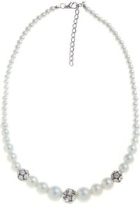 Cream Diamante Ball Pearl Necklace - predominant colour: ivory; secondary colour: silver; occasions: evening, occasion; style: standard; length: mid; size: small; material: chain/metal; finish: plain; embellishment: pearls