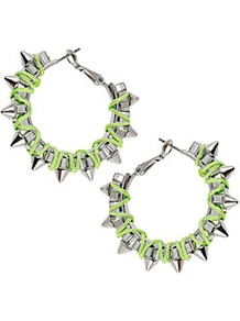 Spike Thread Wrap Earrings - predominant colour: lime; secondary colour: silver; occasions: casual, evening, occasion; style: hoop; length: mid; size: large/oversized; material: chain/metal; fastening: pierced; trends: fluorescent; finish: metallic; embellishment: studs