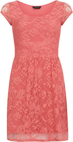 Coral Short Sleeve Lace Dress - sleeve style: capped; pattern: plain; waist detail: fitted waist; predominant colour: coral; occasions: evening, occasion; length: just above the knee; fit: fitted at waist & bust; style: fit & flare; fibres: cotton - 100%; neckline: crew; hip detail: soft pleats at hip/draping at hip/flared at hip; sleeve length: short sleeve; texture group: lace; pattern type: fabric