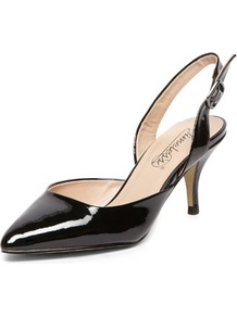 Timeless Black Pointed Mid Heel Courts - predominant colour: black; occasions: evening, work, occasion; material: faux leather; heel height: mid; heel: kitten; toe: pointed toe; style: slingbacks; finish: patent; pattern: plain