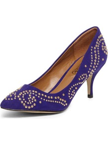 Timeless Violet Studded Pointed Courts - predominant colour: purple; secondary colour: gold; occasions: evening, work, occasion; material: suede; heel height: mid; embellishment: studs; heel: stiletto; toe: pointed toe; style: courts; trends: metallics; finish: plain; pattern: plain