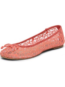 Coral Bow Textured Pumps - predominant colour: coral; occasions: casual; material: lace; heel height: flat; toe: round toe; style: ballerinas / pumps; finish: plain; pattern: plain