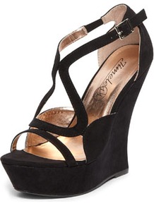 Timeless Black Suedette Curved Wedges - predominant colour: black; occasions: evening, occasion, holiday; material: faux leather; ankle detail: ankle strap; heel: wedge; toe: open toe/peeptoe; style: strappy; finish: plain; pattern: plain; heel height: very high