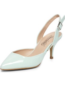 Mint Pointed Mid Heel Courts - predominant colour: pale blue; occasions: evening, work, occasion; material: faux leather; heel height: mid; heel: kitten; toe: pointed toe; style: slingbacks; finish: patent; pattern: plain