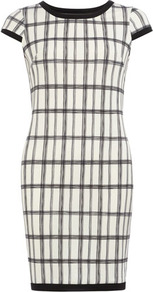Ivory And Black Checked Shift - style: shift; sleeve style: capped; fit: tailored/fitted; pattern: checked/gingham; waist detail: fitted waist; predominant colour: ivory; secondary colour: black; occasions: casual, evening, work; length: just above the knee; fibres: polyester/polyamide - stretch; neckline: crew; sleeve length: short sleeve; trends: glamorous day shifts; pattern type: fabric; pattern size: small & busy; texture group: other - light to midweight