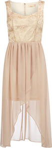 Champagne Cornelli Lace Dress - neckline: v-neck; pattern: plain; sleeve style: sleeveless; waist detail: fitted waist; predominant colour: champagne; occasions: evening, occasion; length: on the knee; fit: fitted at waist & bust; style: asymmetric (hem); fibres: polyester/polyamide - 100%; hip detail: soft pleats at hip/draping at hip/flared at hip; back detail: longer hem at back than at front; sleeve length: sleeveless; texture group: sheer fabrics/chiffon/organza etc.; pattern type: fabric; embellishment: lace