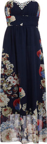 Navy/Multi Floral Print Maxi - neckline: strapless (straight/sweetheart); fit: empire; sleeve style: sleeveless; style: maxi dress; bust detail: added detail/embellishment at bust; waist detail: wide waistband/cummerbund; predominant colour: navy; occasions: evening, occasion; length: floor length; fibres: polyester/polyamide - 100%; sleeve length: sleeveless; texture group: sheer fabrics/chiffon/organza etc.; trends: high impact florals; pattern type: fabric; pattern size: big & light; pattern: florals