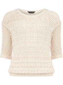Blush Pointelle Jumper - pattern: plain; style: standard; shoulder detail: contrast pattern/fabric at shoulder; predominant colour: blush; occasions: casual, evening, work, holiday; length: standard; fibres: cotton - 100%; fit: standard fit; neckline: crew; bust detail: contrast pattern/fabric/detail at bust; sleeve length: half sleeve; sleeve style: standard; texture group: knits/crochet; pattern type: knitted - big stitch; pattern size: small & busy