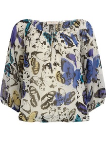 Billie & Blossom Butterfly Blouse - neckline: round neck; style: blouse; predominant colour: white; secondary colour: denim; occasions: casual, holiday; length: standard; fibres: polyester/polyamide - 100%; fit: straight cut; sleeve length: 3/4 length; sleeve style: standard; texture group: sheer fabrics/chiffon/organza etc.; pattern type: fabric; pattern size: standard; pattern: patterned/print